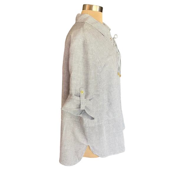 Ellen Tracy Linen Blend Popover Tunic Stripes Roll Tab Sleeves Lace Detail Sz XL - Picture 4 of 10